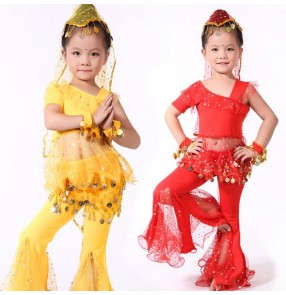 Red yellow gold one shoulder sleeves girls kids children child competition performance cos play jazz modern dance costumes